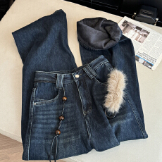 批发实拍韩版水貂毛腰带复合<b class='q'>婴儿</b>绒<b class='q'>牛仔裤</b>高腰直筒宽松显瘦阔腿长裤女