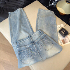 批发实拍美式复古蝴蝶结猫咪<b class='q'>烫钻</b><b class='q'>牛仔裤</b>子女高腰直筒宽松显瘦阔腿长裤