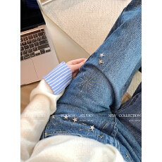 批发官图复古小众深蓝色星星<b class='q'>烫钻</b>阔腿<b class='q'>牛仔裤</b>女新款显瘦宽松高腰直筒裤