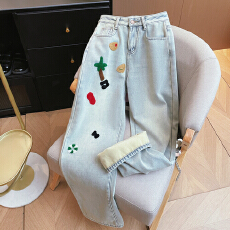 批发实拍冬加厚<b class='q'>婴儿</b>绒撞色卡通刺绣高腰直筒宽松显瘦阔腿牛仔<b class='q'>长裤</b>子女