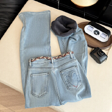 批发实拍韩系爱心口袋复合<b class='q'>婴儿</b>绒牛仔裤女冬高腰直筒显瘦微喇长<b class='q'>裤子</b>潮