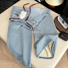 批发实拍韩系浅蓝复合<b class='q'>婴儿</b>绒刺绣牛仔裤女冬高腰直筒宽松阔腿显瘦<b class='q'>裤子</b>