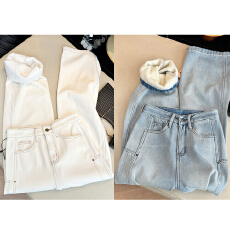 批发实拍复合<b class='q'>婴儿</b>绒<b class='q'>牛仔裤</b>女冬美式高街休闲高腰直筒宽松显瘦阔腿长裤