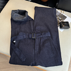 实拍韩式老钱风复合绒腰带款牛仔裤女冬高腰直筒宽松显瘦阔腿长裤