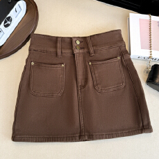 批发实拍韩版加绒秋冬高腰A字显瘦辣妹气质<b class='q'>牛仔</b>短裙子防走光包臀裙女