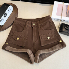 批发实拍秋冬加绒高腰修身显瘦卷脚边A字牛仔<b class='q'>短裤</b>辣妹百搭美式工装裤