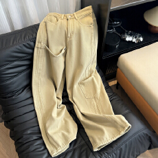 批发实拍韩版设计感美式工装牛仔裤女冬加绒高腰直筒宽松显瘦阔腿<b class='q'>裤子</b>