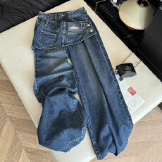 批发实拍美式设计感假两件裤裙高腰直筒宽松显瘦阔腿<b class='q'>拖地</b>牛仔长裤子女