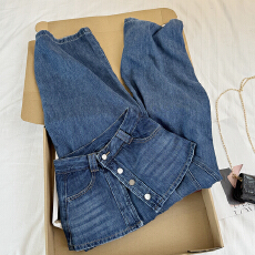 批发实拍韩版设计感假两件裤裙高腰直筒宽松显瘦阔腿牛仔长裤子女<b class='q'>夏</b>潮