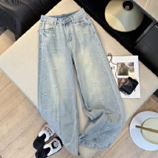批发实拍设计感美式重工<b class='q'>钉珠</b>烫钻<b class='q'>牛仔裤</b>女高腰直筒宽松显瘦休闲阔腿裤