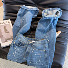 批发美式高街设计感闪钻珍珠阔腿裤<b class='q'>牛仔裤</b>女2025初秋新款高腰直筒长裤