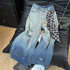批发实拍韩版格子撞渐变蓝破洞牛仔<b class='q'>裤</b>女高腰直筒宽松显瘦阔腿<b class='q'>裤</b>子早春