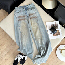 批发实拍早春新咖色猫须涂鸦水洗牛仔<b class='q'>裤</b>女高腰直筒宽松显瘦阔<b class='q'>腿</b>脏脏<b class='q'>裤</b>