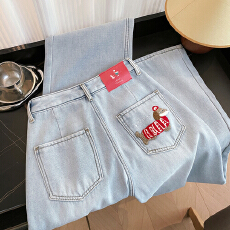 批发实拍冬<b class='q'>婴儿</b>绒加厚撞色刺绣减龄高腰直筒宽松显瘦阔腿牛仔长<b class='q'>裤子</b>女