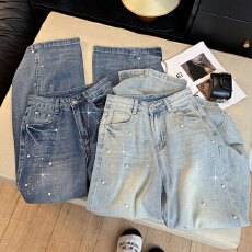 批发实拍设计感美式重工前后<b class='q'>钉珠</b>烫钻<b class='q'>牛仔裤</b>女高腰直筒宽松显瘦阔腿裤