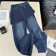 批发实拍早春<b class='q'>韩版</b>设计感假两件<b class='q'>裤</b>裙牛仔<b class='q'>裤</b>女高腰窄版阔腿超显瘦长<b class='q'>裤</b>子