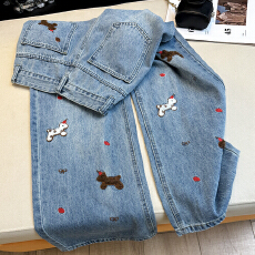 批发实拍早春韩版小马刺<b class='q'>绣花</b><b class='q'>牛仔裤</b>女高腰直筒宽松显瘦阔腿百搭长裤子