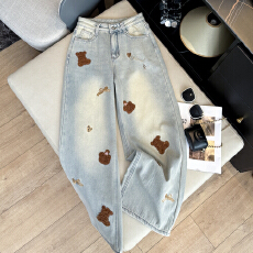批发<b class='q'>实拍</b>早春韩版可爱小熊刺绣花牛仔<b class='q'>裤</b>女高腰直筒宽松显瘦阔腿长<b class='q'>裤</b>子