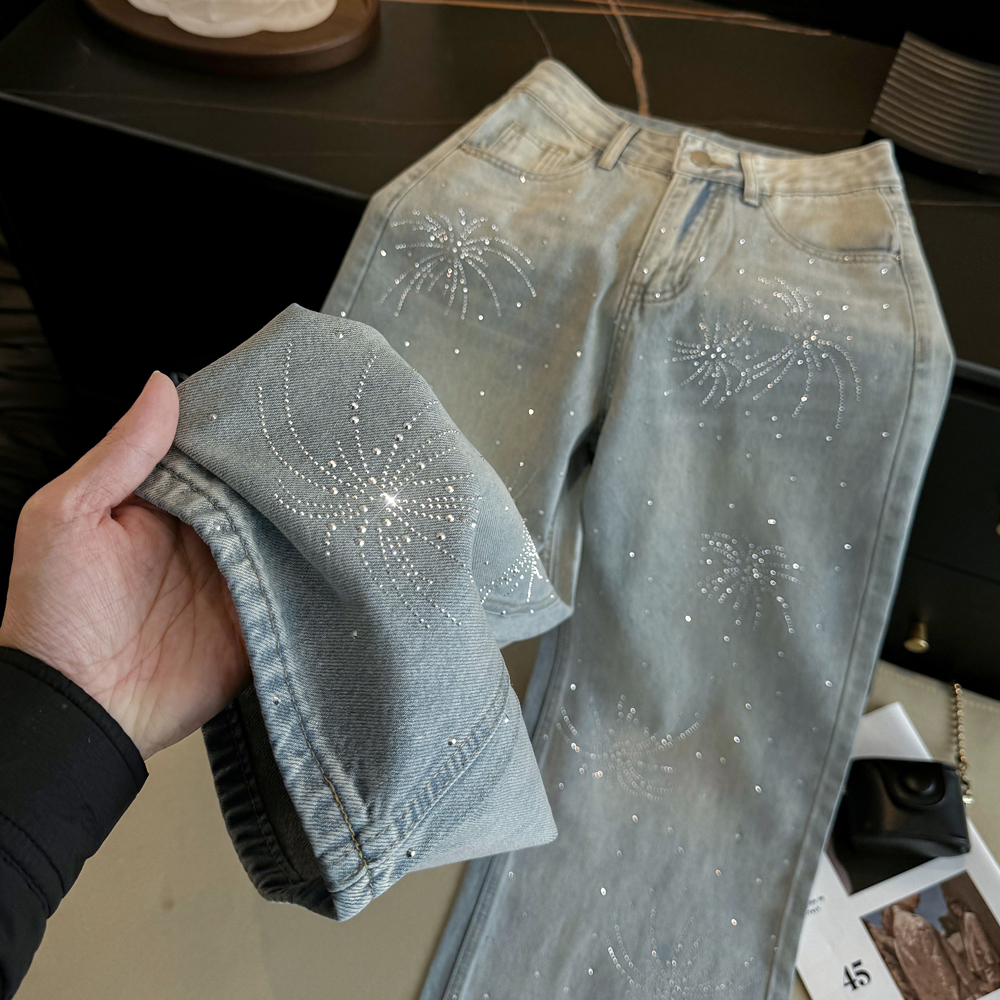实拍早春设计感烟花烫钻闪钻牛仔裤女高腰直筒宽松显瘦阔腿长裤子