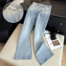 批发实拍早春韩系气质重工珍珠钉钻微喇薄<b class='q'>牛仔裤</b>女高腰修身显瘦长裤子