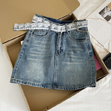 批发实拍韩系气质蕾丝腰带牛仔半身裙女高腰A字显瘦百搭包臀短裙子辣