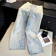 批发实拍重工美式彩绘涂鸦做旧牛仔裤女春夏高腰直筒宽松显瘦阔腿<b class='q'>裤子</b>