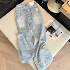 批发实拍韩版刺绣烫钻羽毛提花<b class='q'>牛仔裤</b>女高腰直筒宽松显瘦窄版阔腿长裤