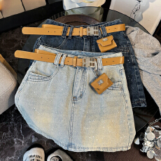 批发实拍韩版设计感刷金粉闪亮牛仔短裙女带皮带高腰A字显瘦半身裙子