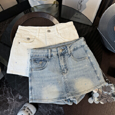 批发实拍设计感蝴蝶金粉烫钻包臀牛仔短裙子高腰A字显瘦弹力翘臀裙裤