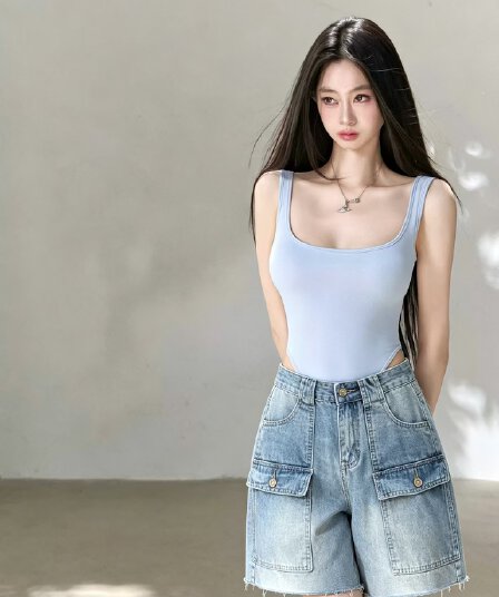 실사 한국 스타일 디자인 센스 기타 주머니 워크웨어 얇은 데님 반바지 여성 여름 오부 바지 스트레이트 다용도 슬림해 보이는 거친 가장자리