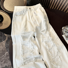 批发实拍设计感水洗破洞拼蕾丝白色牛仔<b class='q'>裤</b>女夏高腰直筒<b class='q'>宽松</b>显瘦阔腿<b class='q'>裤</b>