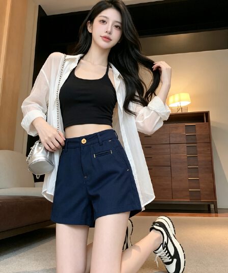 실사 해군 짜임 주머니 디자인 센스 아마 반바지 여성 언더 하이웨이스트 캐주얼 레트로 슬림해 보이는 와이드 레그 팬츠 어린이