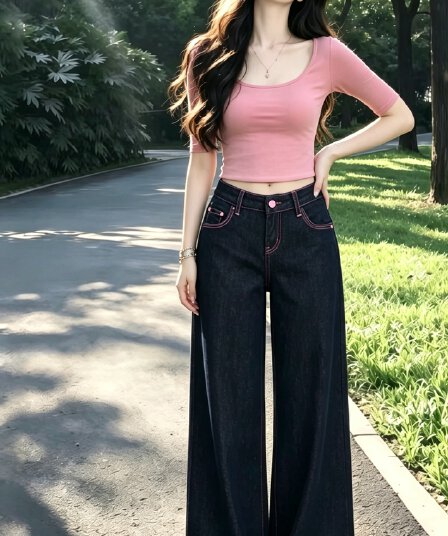 실사 한국 스타일 디자인 센스 원본 암소 토너 표준 핑크색 선 레트로 넓은 다리 데님 긴 바지 여성 스트레이트 바닥 청소 바지