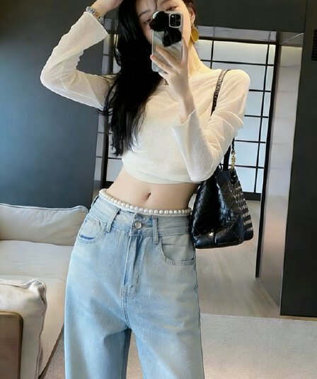 실사 작은 샤넬 스타일 품격 진주 허리 플래시 훈련 밝은색 청바지 여성 하이웨이스트 스트레이트 루즈핏 슬림해 보이는 와이드 레깅스 바지