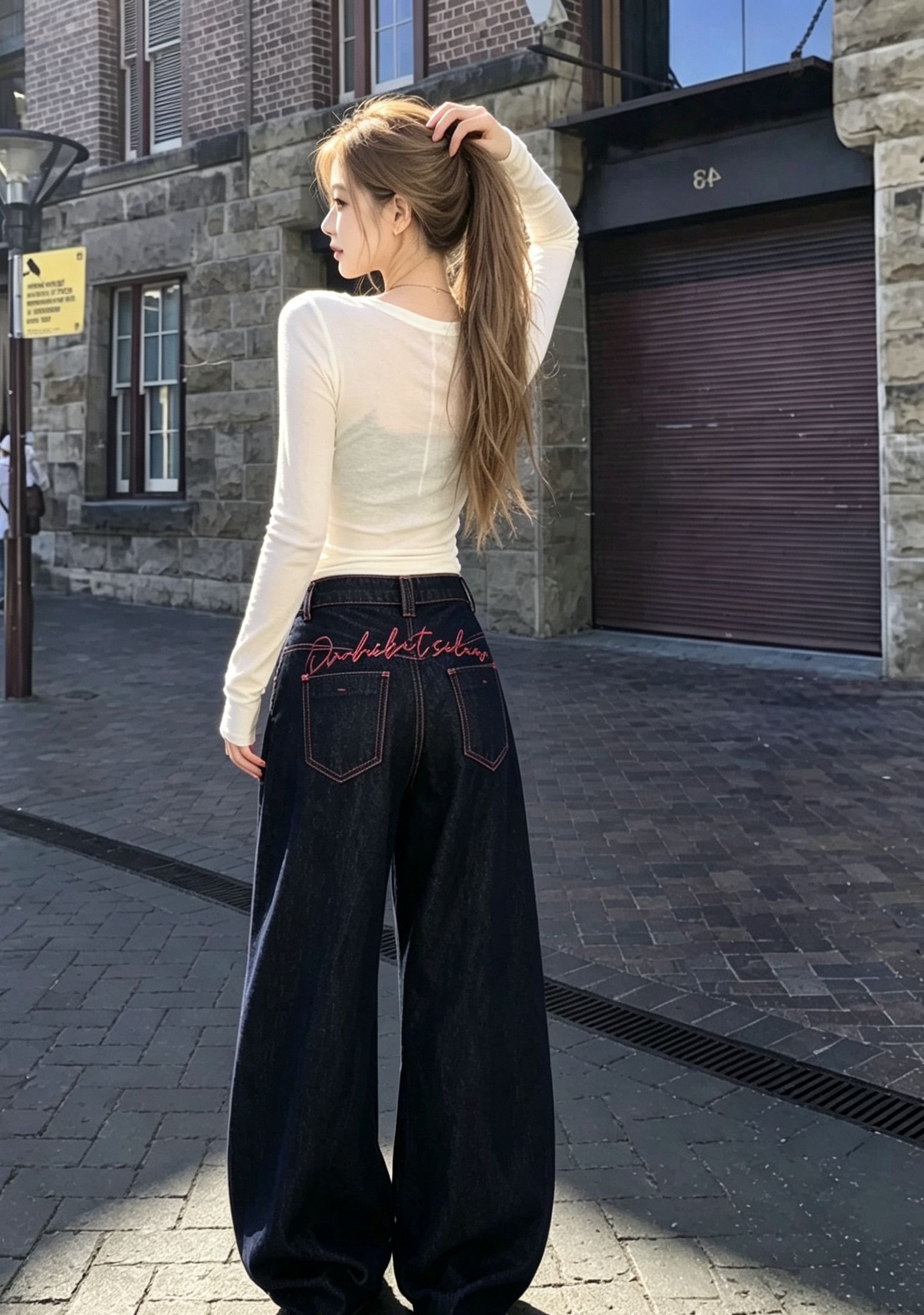 美式辣妹设计感撞色字母刺绣牛仔裤女高腰直筒宽松显瘦阔腿裤 服裝批發女裝批發服飾貨源