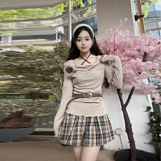 批发实拍2025秋季新款设计感小众法式<b class='q'>花朵</b>长袖<b class='q'>上衣</b>格纹半身短裙两件套