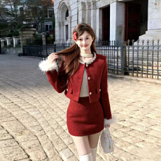 批发实拍2025秋冬季新款<b class='q'>名媛</b>气质小香风毛毛袖外套高腰半身短裙两件套