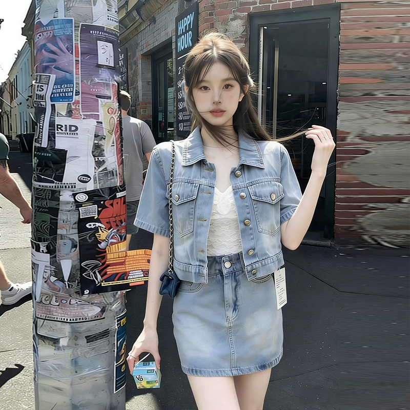 실사 2026 여름 새로운 한 부서 패션 폴로 칼라 반팔 데님 재킷 하이웨이스트 반신 미니 스커트 투피스 슈트