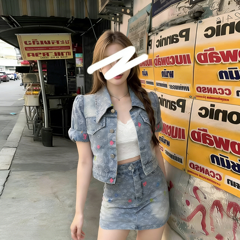 실사 2026 여름 새로운 디자인 센스 인터넷 유명인 꽃무늬 폴로 칼라 폴로 칼라 데님 재킷 반신 미니 스커트 투피스 세트