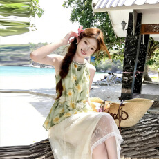 批发实拍2026夏季新款高级感名媛风露肩挂脖碎花上衣<b class='q'>长款</b><b class='q'>半身裙</b>两件套