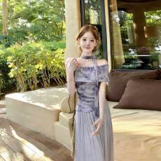 批发实拍2026夏季新款女神范气质一字肩晕染上衣垂坠感<b class='q'>长款</b><b class='q'>半身裙</b>套装