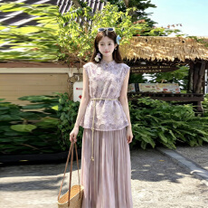批发实拍2026夏季新款高级感新中式国风无袖提花上衣长款半身裙两件套