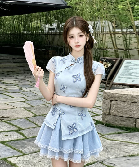 실사 새로운 중식 국풍 세트 여성 여름 2026 새로운 꽃무늬 단추 반팔 맨위 케이크 드레스 투피스 세트