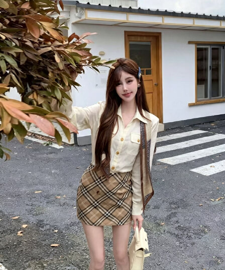 실사 학원 스타일 세트 여성 가을 2026 새로운 POLO 칼라 긴팔 셔츠 체크무늬 반신 미니 스커트 투피스 세트