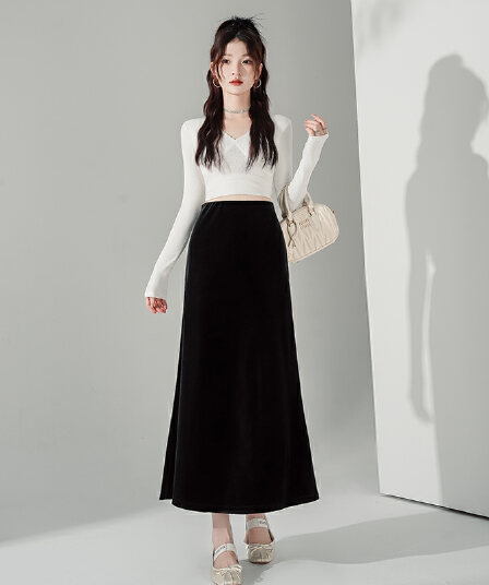 작은 키 실사 가을 겨울 새로운 벨벳 큰 진자 A라인 스커트 몸매 가꾸기 슬림해 보이는 품격 섹션 반신 스커트