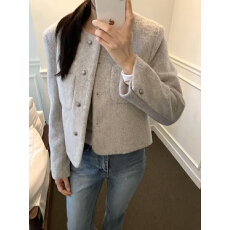 批发原版有货韩版新款温柔风修身显瘦洋气百搭圆领单排扣羊毛呢短外套