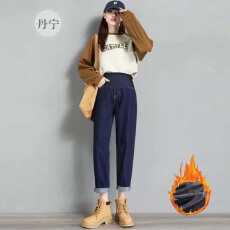 批发天猫品质新款春季孕妇<b class='q'>牛仔</b>裤秋冬加绒<b class='q'>哈伦裤</b>直筒老爹外穿裤子