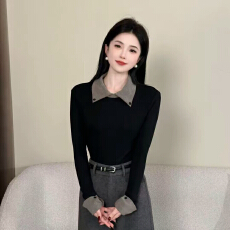 批发设计感翻领<b class='q'>拼接</b>长袖T恤女秋冬加绒加厚打底衫上衣➕裤子套装