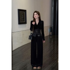 批发2025新款雾中芭蕾V领<b class='q'>丝绒</b>拼接纽扣显瘦上衣直筒加绒裤<b class='q'>套装</b>