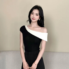 批发【露香肩】<b class='q'>拼接</b>短袖T恤女2026新款打底衫➕高腰垂感休闲阔腿裤